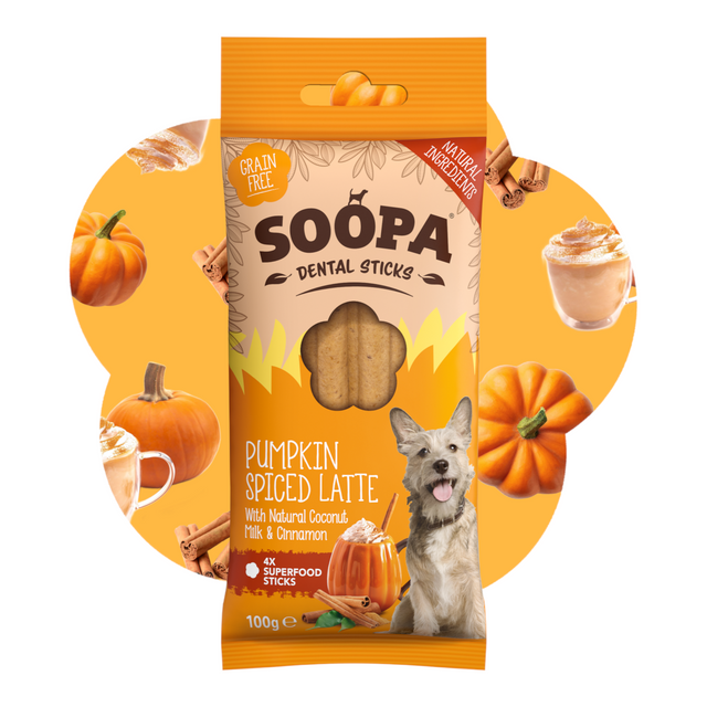Connemara Country Soopa Pumpkin Spiced Latte dog dental sticks in orange packaging with pumpkin and cinnamon graphics.