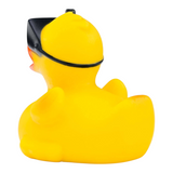 Connemara Country Tina Diver rubber duck in yellow with black diving goggles and snorkel, back view.
