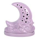 Connemara Country purple ceramic moon incense cone holder with star cut-outs and cloud details for meditation spaces.