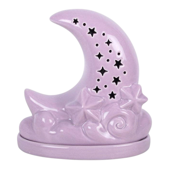 Connemara Country purple ceramic moon incense cone holder with star cut-outs and cloud details for meditation spaces.