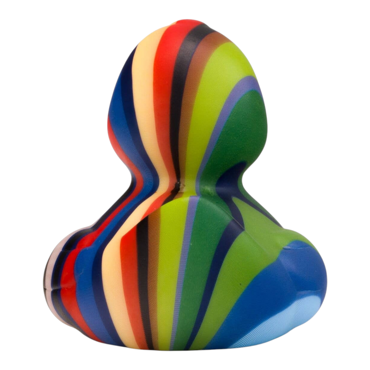 Connemara Country Lenny Stripes rubber duck featuring a unique, vibrant multi-colored striped pattern, 8 cm tall.
