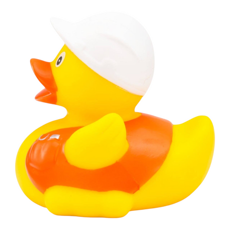 Connemara Country rubber duck dressed as a construction manager with a white hard hat, orange safety vest, and plans.