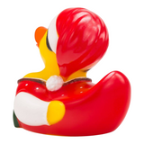 Connemara Country Theresa Trachtenherz rubber duck wearing a red alpine costume and Christmas hat, back view.