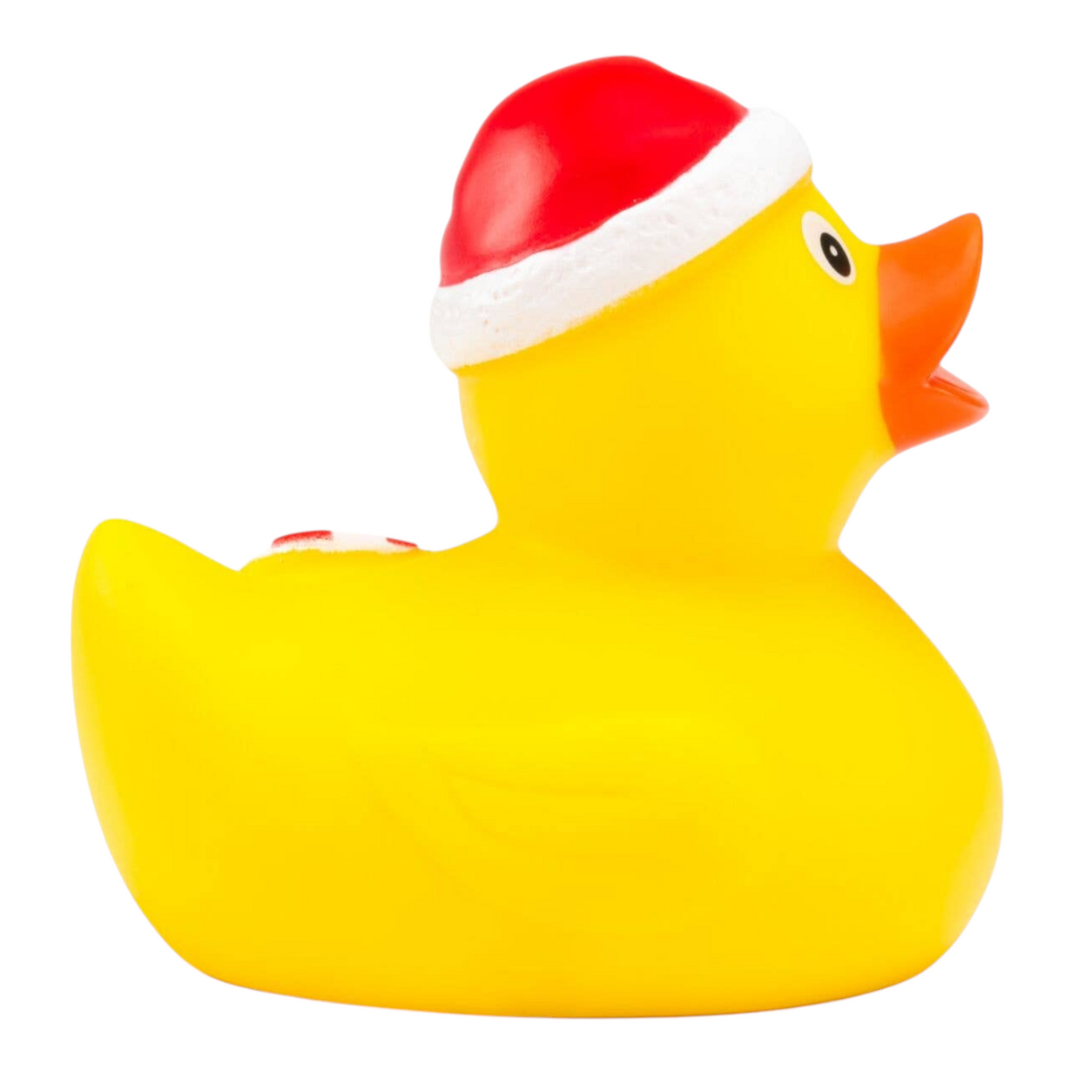 Connemara Country ROEMER WELLNESS Candy Cane rubber duck wearing a festive red Santa hat, side view