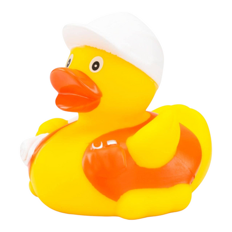 Connemara Country Bob construction manager rubber duck wearing a white hard hat and orange safety vest holding blueprints