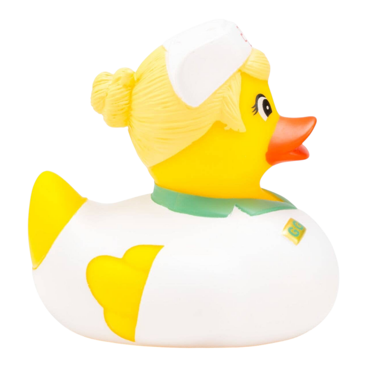 Connemara Country Gisela Health rubber duck wearing a white nurse uniform and cap with blonde hair, side view