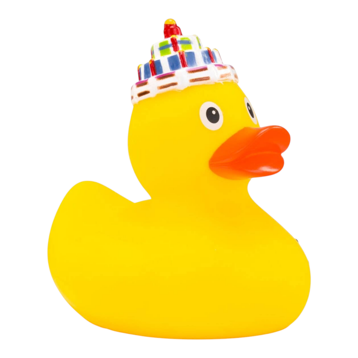 Connemara Country Gabi birthday rubber duck wearing a colorful cake hat with a candle, isolated on white background