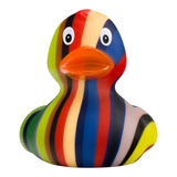 Connemara Country Lenny Stripes rubber duck featuring a unique multi-colored striped pattern and orange beak.