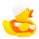 Connemara Country Bob construction manager rubber duck wearing a white hard hat and orange safety vest with blueprints