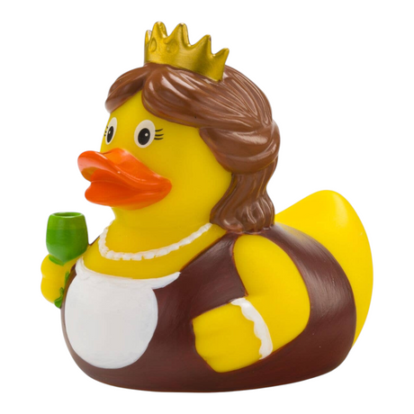 Connemara Country Waltraud Wine Queen rubber duck wearing a golden crown and brown dress holding a green wine glass