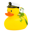 Connemara Country yellow rubber duck wearing a captain hat with a gold anchor and a small green frog on its back.