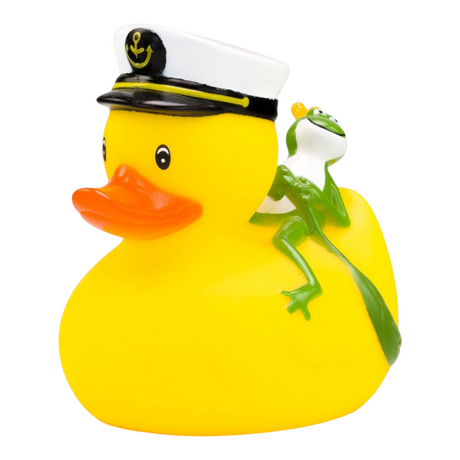 Connemara Country yellow rubber duck wearing a captain hat with a gold anchor and a small green frog on its back.