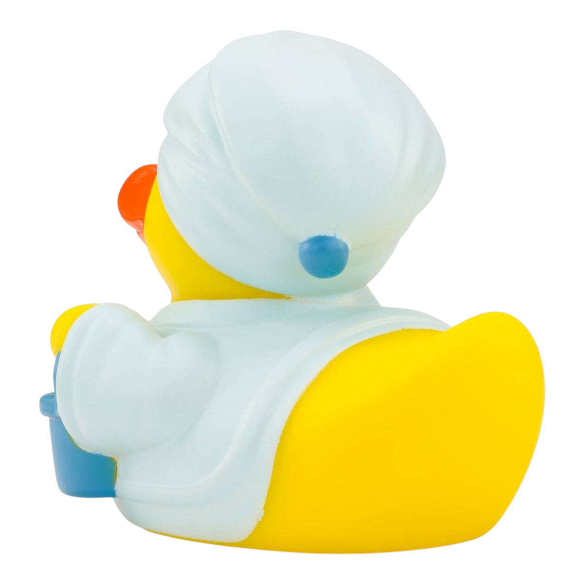Connemara Country Antonia sauna rubber duck wearing a white bathrobe and towel turban with a blue sauna bucket