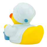 Connemara Country Antonia sauna rubber duck wearing a white bathrobe and towel turban with a blue sauna bucket