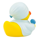 Connemara Country Antonia sauna rubber duck wearing a white bathrobe and turban towel, back view