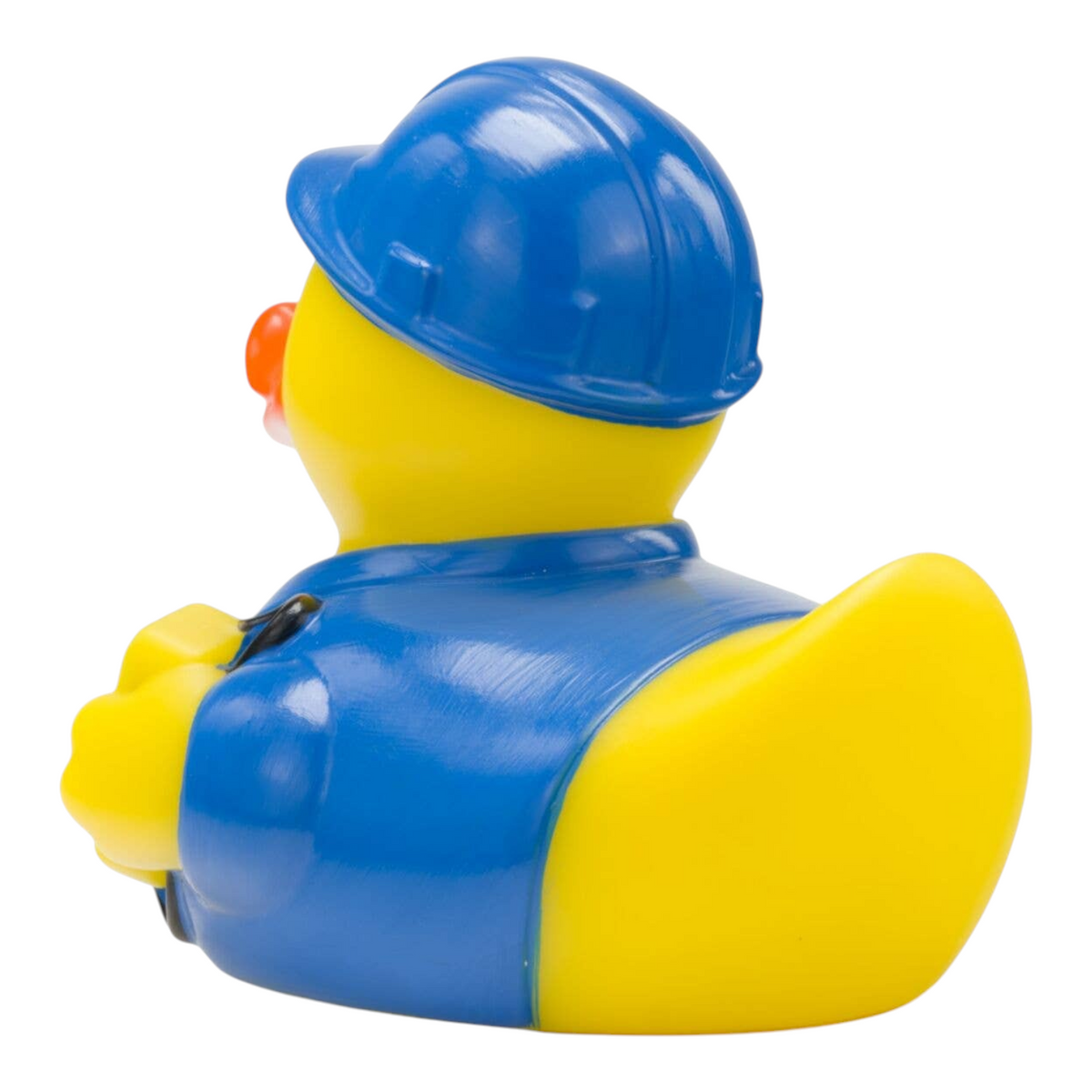 Connemara Country Erik the Electrician rubber duck wearing a blue hard hat and work shirt, back view