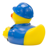 Connemara Country Erik the Electrician rubber duck wearing a blue hard hat and work shirt, back view