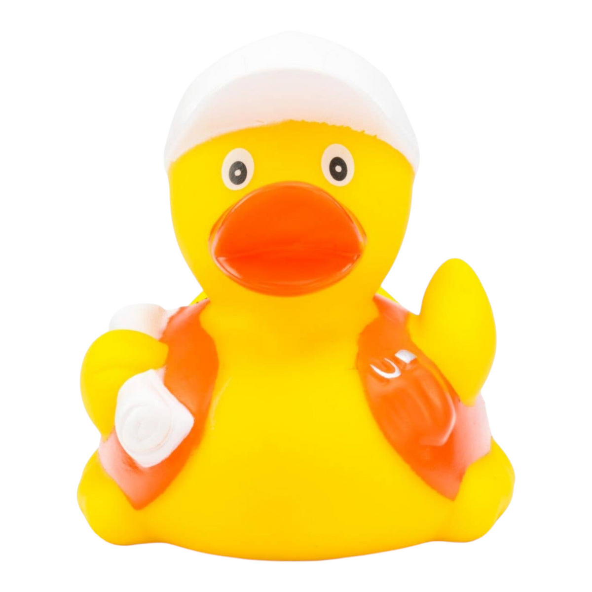 Connemara Country Bob construction manager rubber duck wearing a white hard hat and orange safety vest holding blueprints