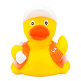 Connemara Country Bob construction manager rubber duck wearing a white hard hat and orange safety vest holding blueprints