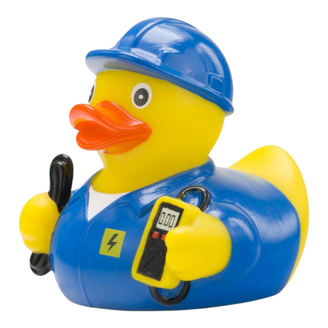 Connemara Country rubber duck dressed as an electrician in blue uniform with a helmet and voltage tester