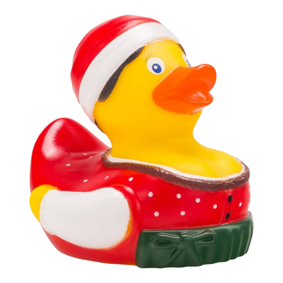 Connemara Country Theresa Trachtenherz rubber duck wearing a red alpine costume, green apron, and Christmas hat.