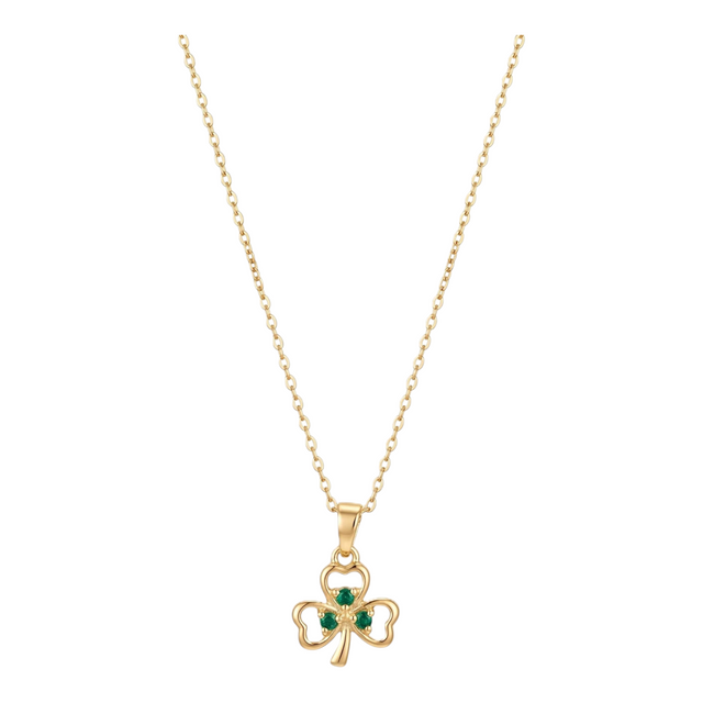 Connemara Country gold plated shamrock pendant featuring three green cubic zirconia stones on a delicate gold chain.