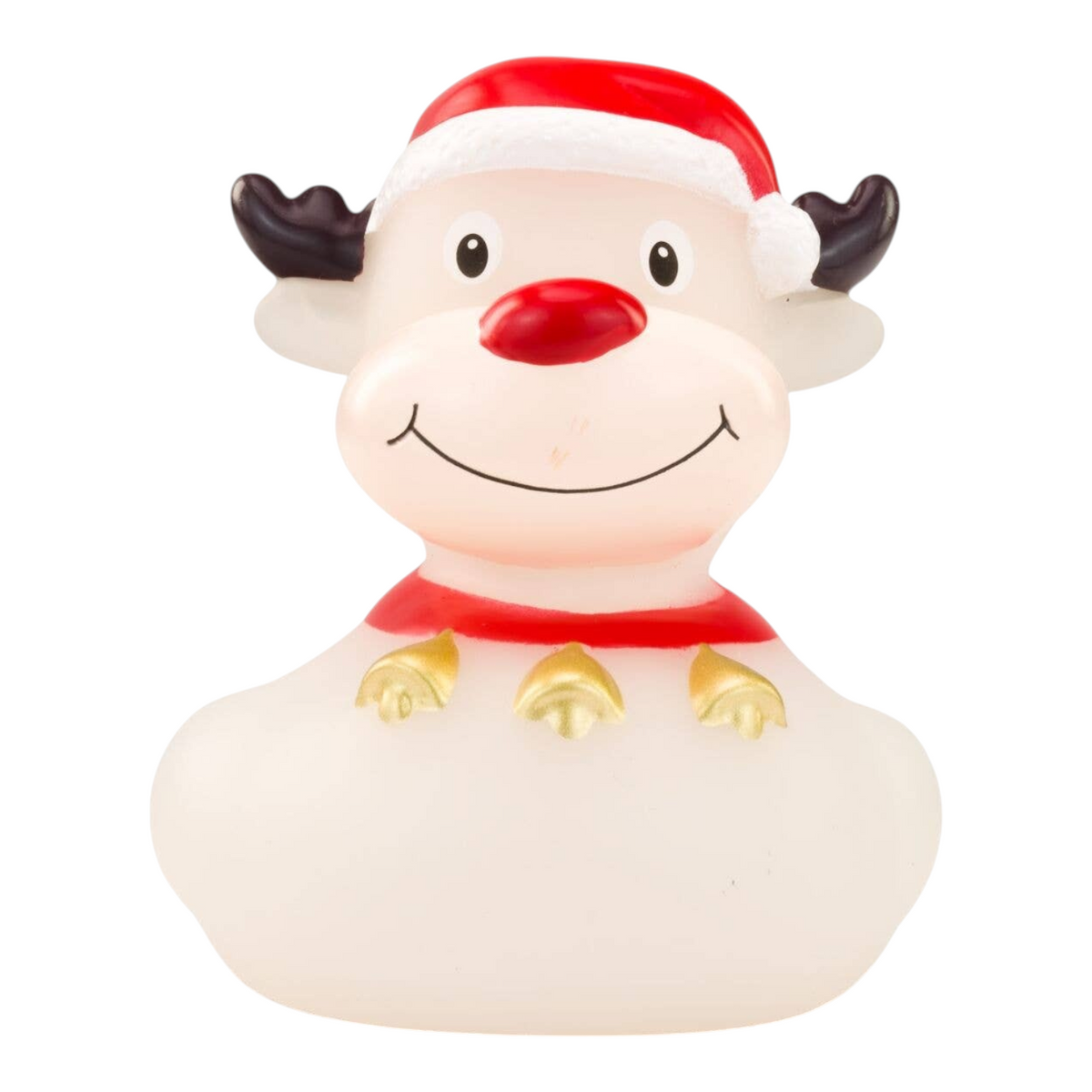 Connemara Country Rudolph the Reindeer rubber duck with a red nose, Santa hat, and collar with three golden bells.
