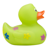 Connemara Country Beate rubber duck in bright green with colorful blue, yellow, and purple flower motifs