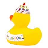 Connemara Country yellow rubber duck wearing a birthday cake hat and a Happy Birthday banner, back view