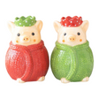 Connemara Country ceramic pig salt and pepper shakers wearing festive red and green knitted sweaters and crowns.