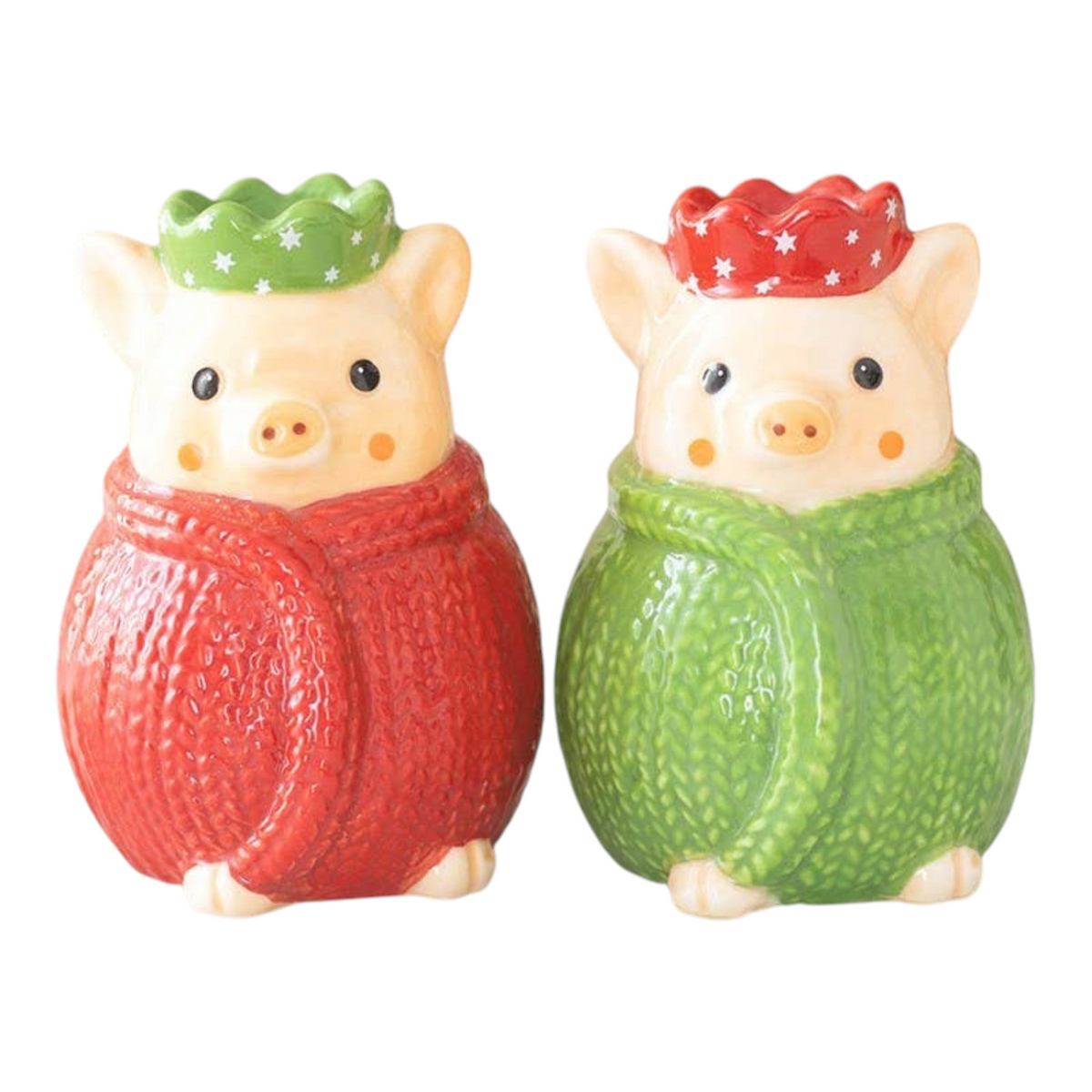 Connemara Country ceramic pig salt and pepper shakers wearing festive red and green knitted sweaters and crowns.