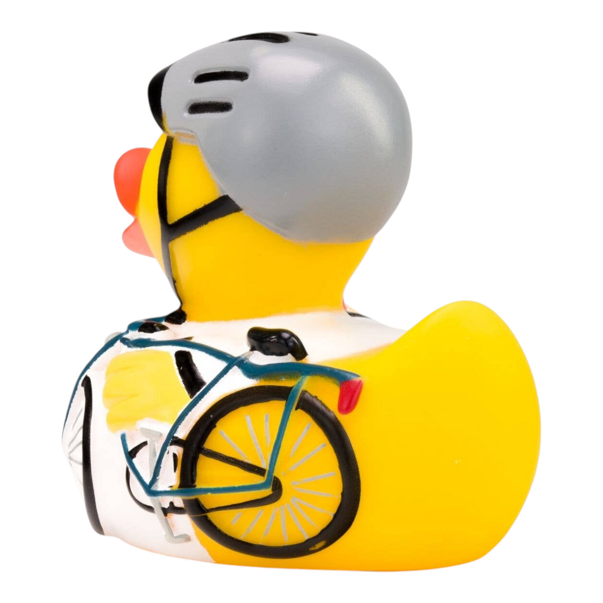 Connemara Country Roland Radler rubber duck wearing a grey cycling helmet with a bicycle graphic on its side