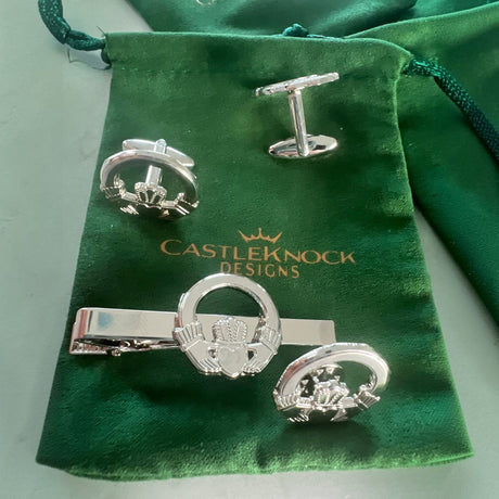 CastleKnock Designs Claddagh Ring Cufflinks Tie Clip Pin Set - Silver