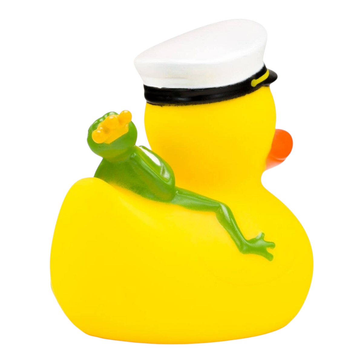 Connemara Country yellow rubber duck wearing a captain hat with a small green frog king sitting on its back