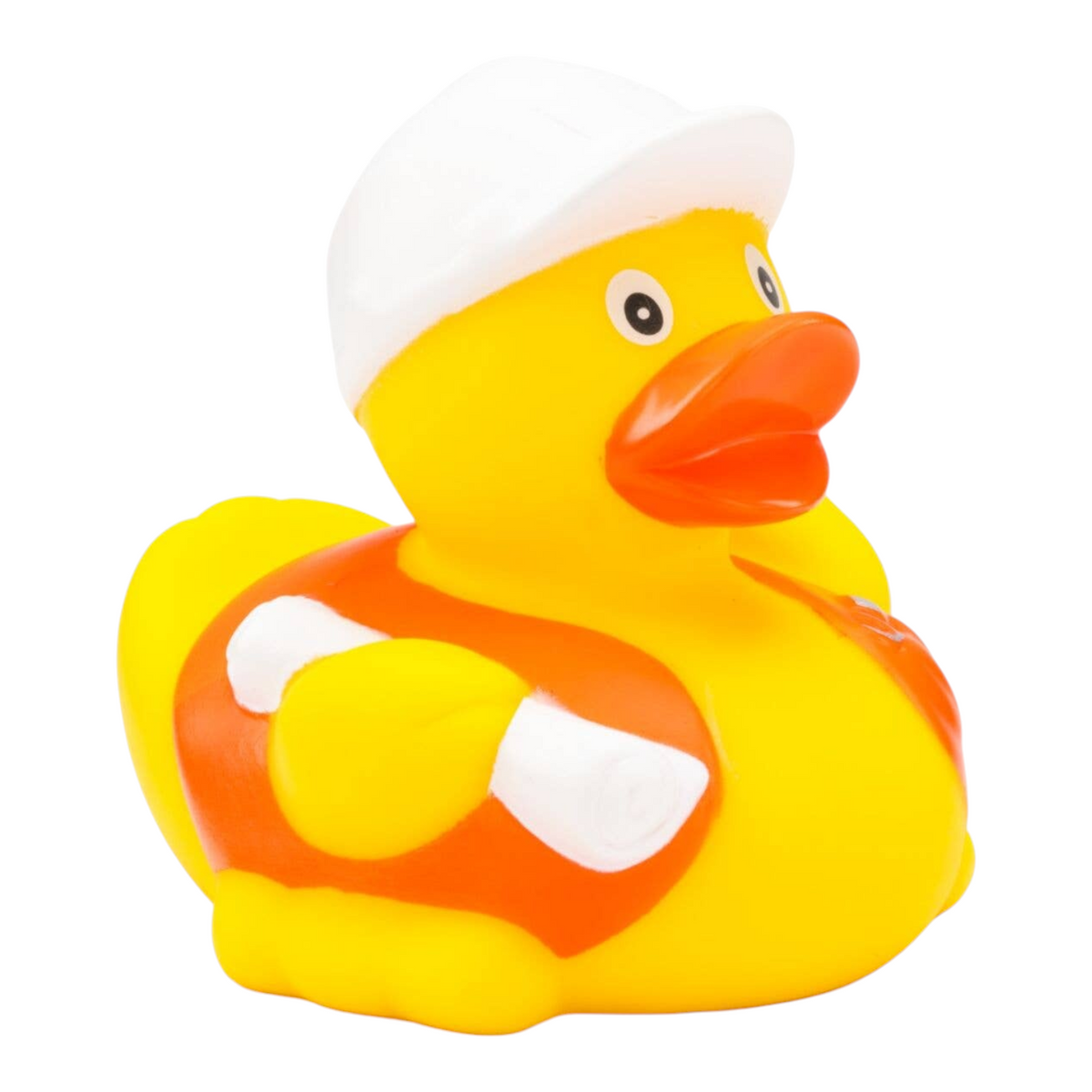 Connemara Country yellow rubber duck dressed as a construction manager with a white hard hat and orange safety vest.