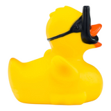 Connemara Country yellow rubber duck wearing black diving goggles and a snorkel for bathtub play