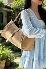 Nanabags Raffia Tote Bag with Leather Trim