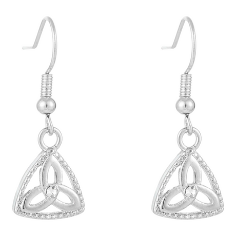 Connemara Country silver Trinity knot earrings featuring an enclosed clear stone in a delicate Irish design