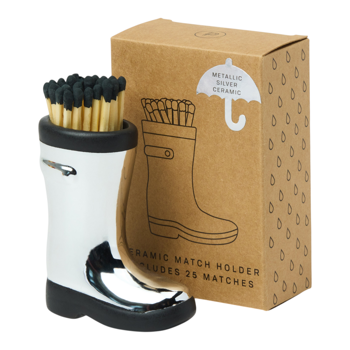 Connemara Country chrome ceramic Wellington boot match holder with 25 safety matches next to its branded gift box.