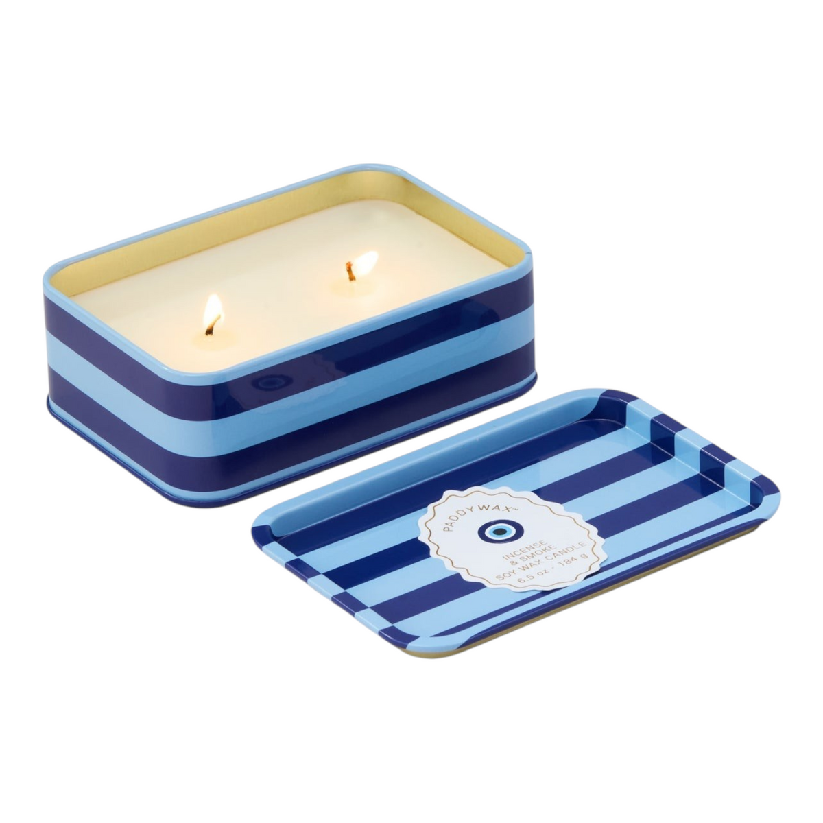 Connemara Country Paddywax A Dopo blue striped tin candle with two wicks and an eye motif on the lid