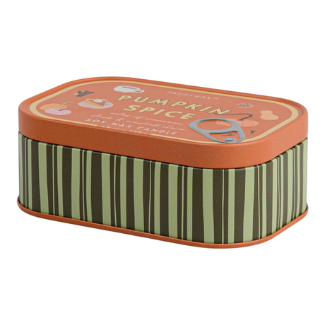 Connemara Country Paddywax Bistro pumpkin spice scented candle in a rectangular striped tin with pull-tab lid
