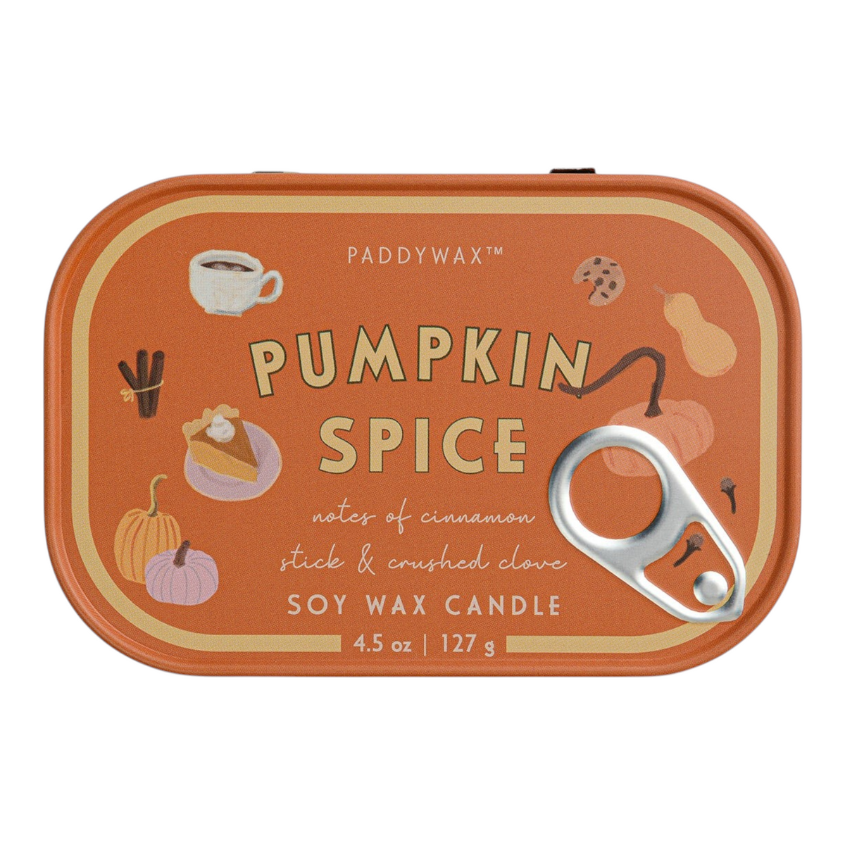 Connemara Country Paddywax Bistro pumpkin spice scented soy candle in an orange tin with sardine-style pull-tab lid.