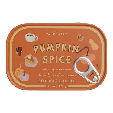 Connemara Country Paddywax Bistro pumpkin spice scented soy candle in an orange tin with sardine-style pull-tab lid.
