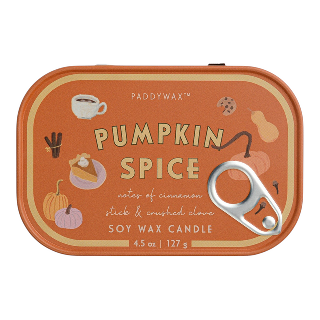 Connemara Country Paddywax Bistro pumpkin spice scented soy candle in an orange tin with sardine-style pull-tab lid.