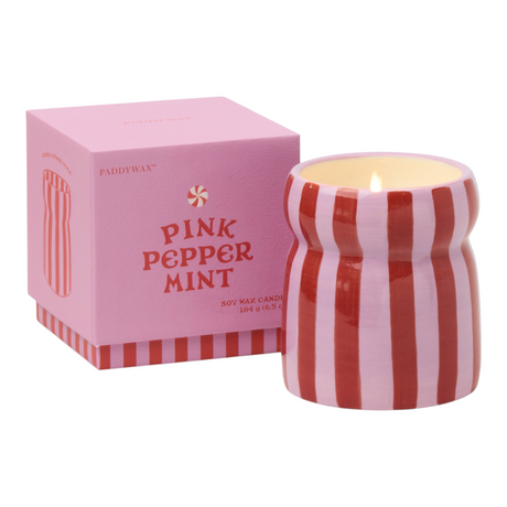 Connemara Country Paddywax Cabana ceramic candle with red and pink stripes and pink peppermint scent in gift box