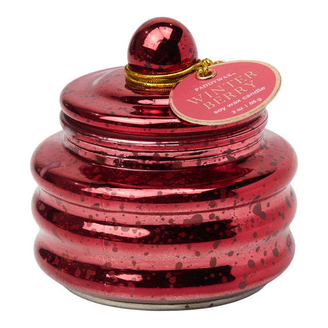 Connemara Country Paddywax red mercury glass candle with a ribbed design and Winter Berry scent label.