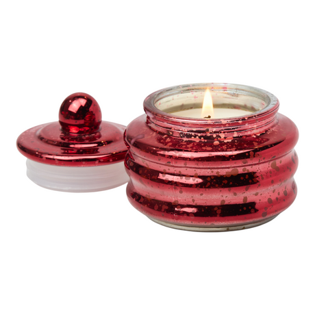 Connemara Country Paddywax Beam red mercury glass candle with lid, featuring a winter berry scent and ribbed design.