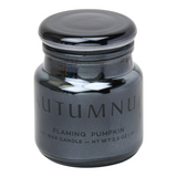 Connemara Country Paddywax Autumnus Flaming Pumpkin soy wax candle in a small metallic black glass jar with a lid.