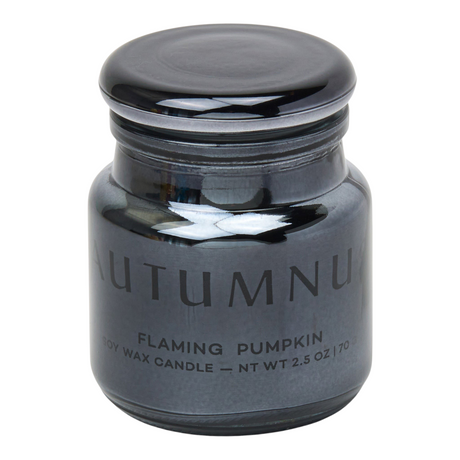 Connemara Country Paddywax Autumnus Flaming Pumpkin soy wax candle in a small metallic black glass jar with a lid.