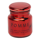 Connemara Country Paddywax Pomme red metallic glass candle with lid, featuring Red Apple and Pomander scent.